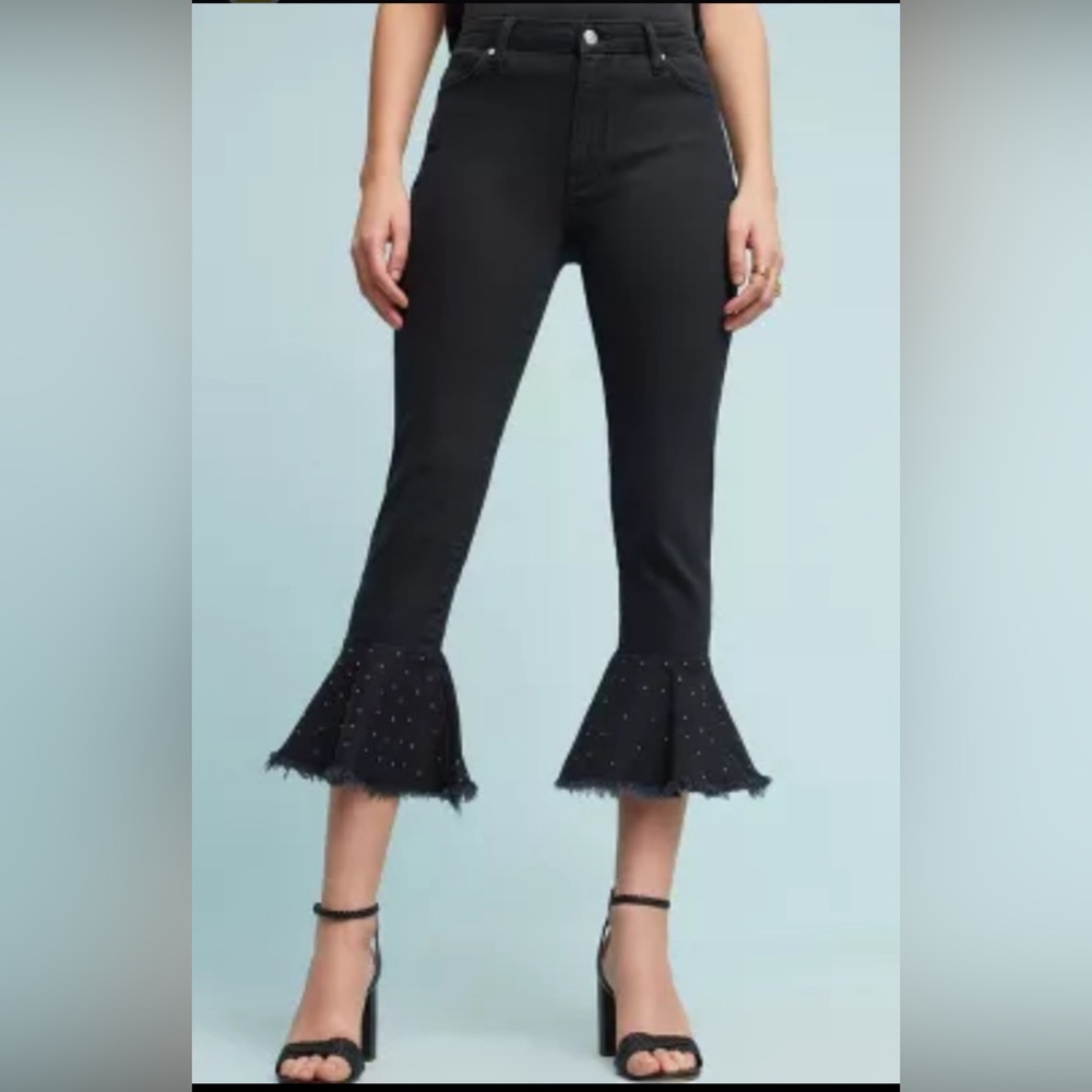 Anthropologie PILCRO Letterpress Cropped Ruffled Studded Black Denim Jeans